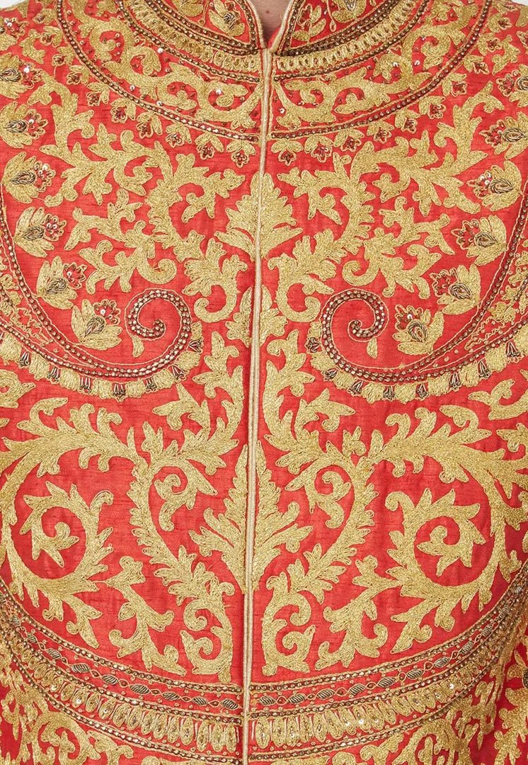 Red Art Silk Sherwani