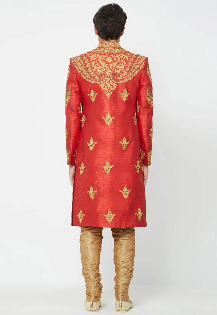 Red Art Silk Sherwani
