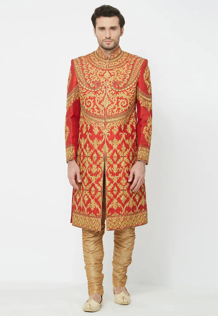 Red Art Silk Sherwani
