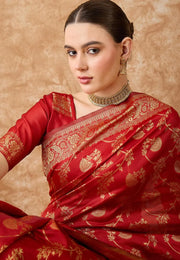 Red Banarasi Silk Saree With Blouse