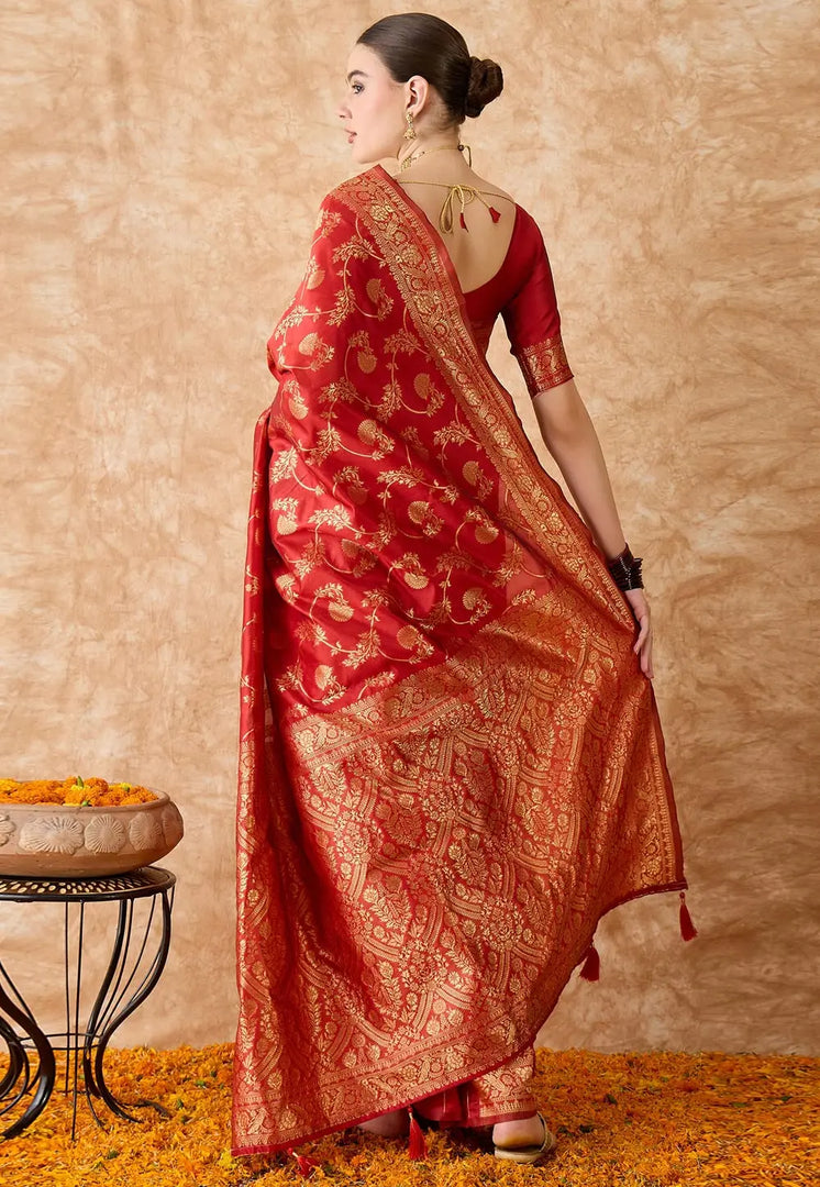 Red Banarasi Silk Saree With Blouse