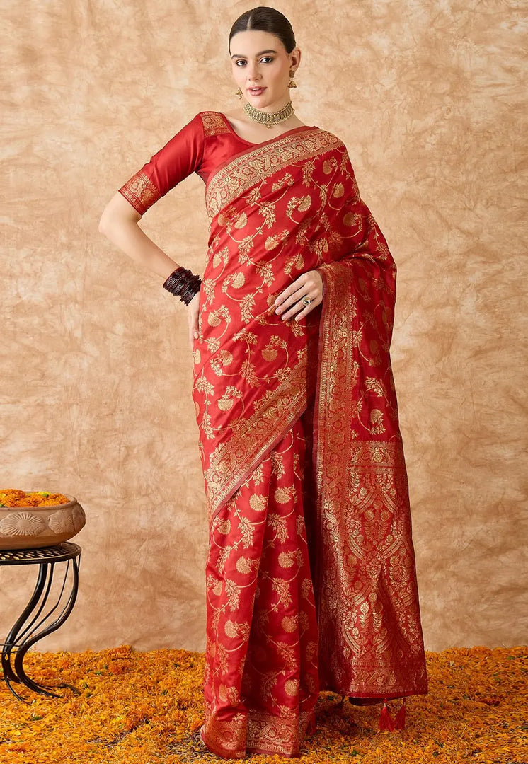 Red Banarasi Silk Saree With Blouse