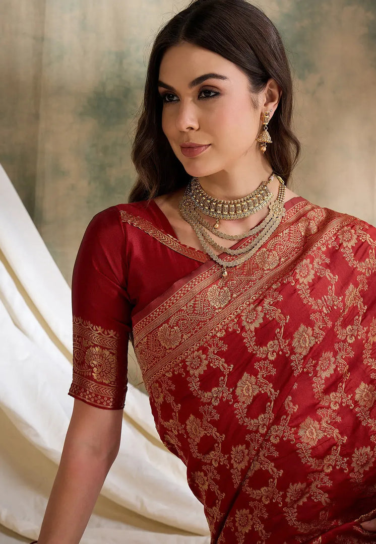 Red Banarasi Silk Saree With Blouse