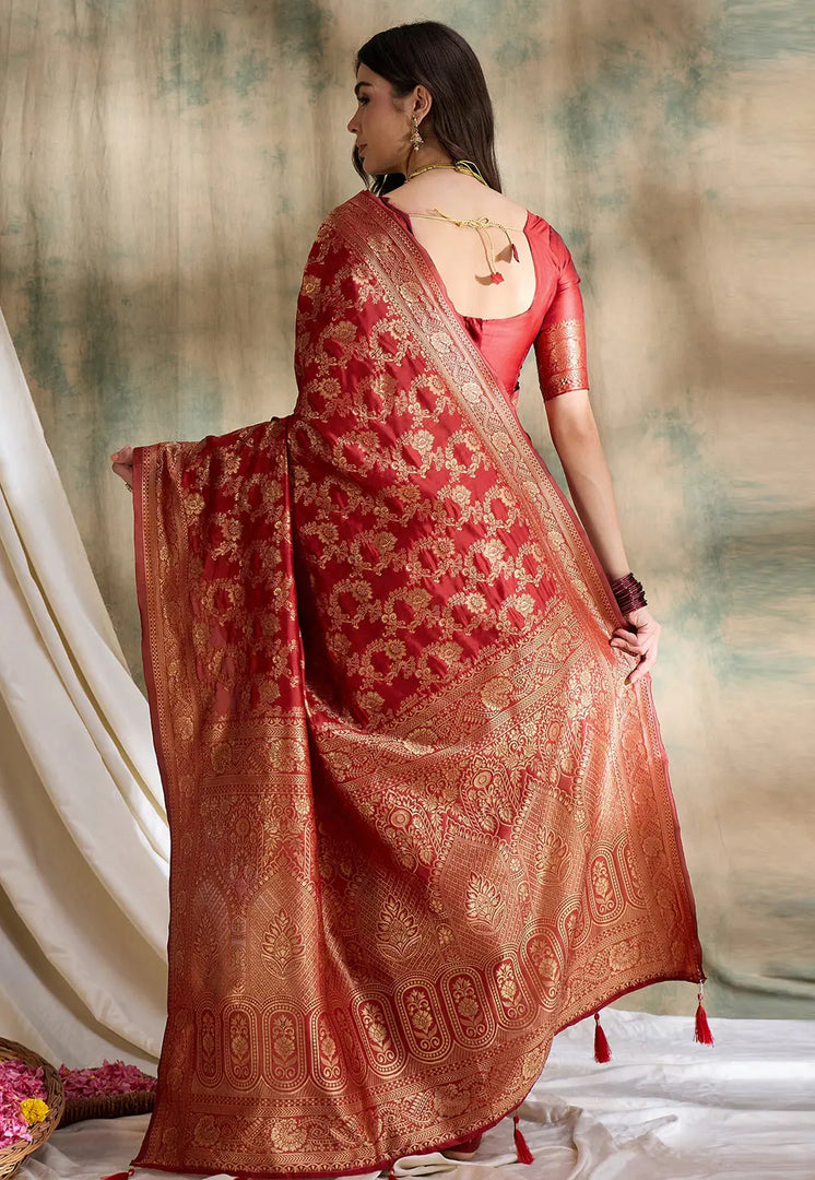 Red Banarasi Silk Saree With Blouse