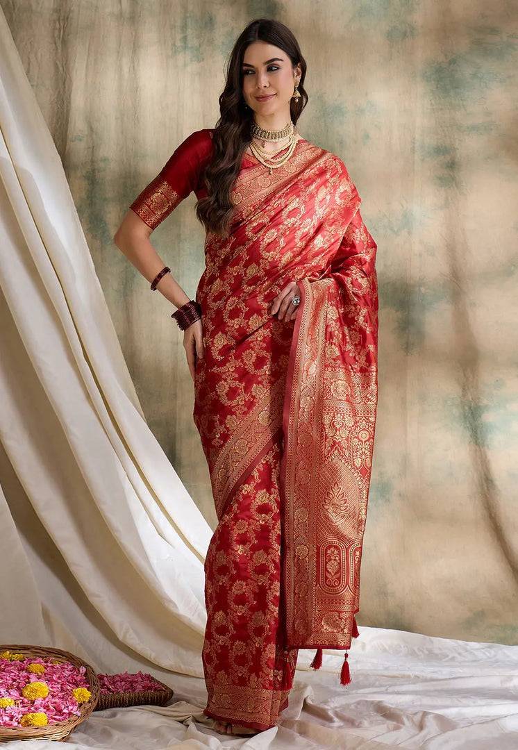 Red Banarasi Silk Saree With Blouse