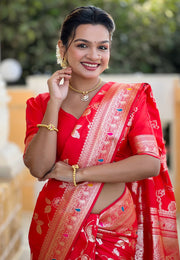Red Banarasi Silk Saree With Blouse