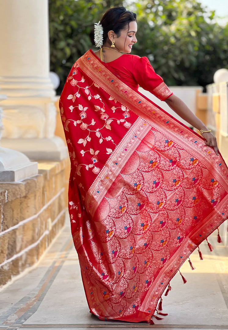 Red Banarasi Silk Saree With Blouse