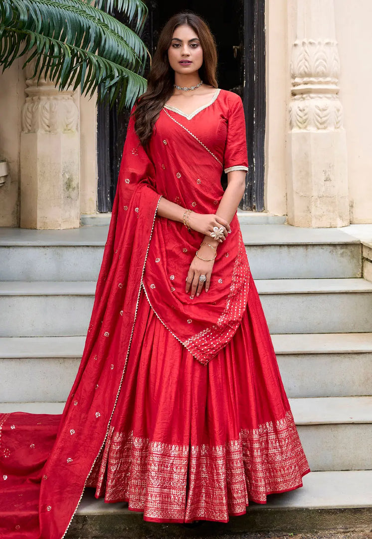 Red Chanderi Circular Lehenga Choli