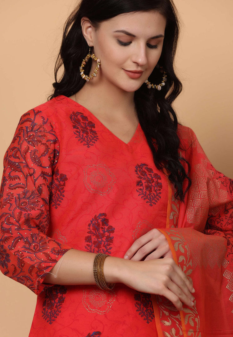 Red Chanderi Readymade Pakistani Suit
