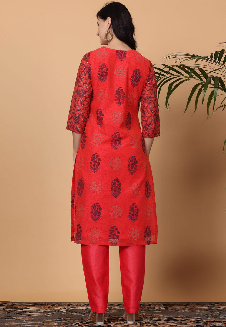 Red Chanderi Readymade Pakistani Suit