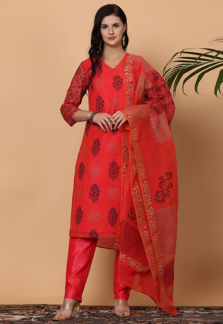 Red Chanderi Readymade Pakistani Suit