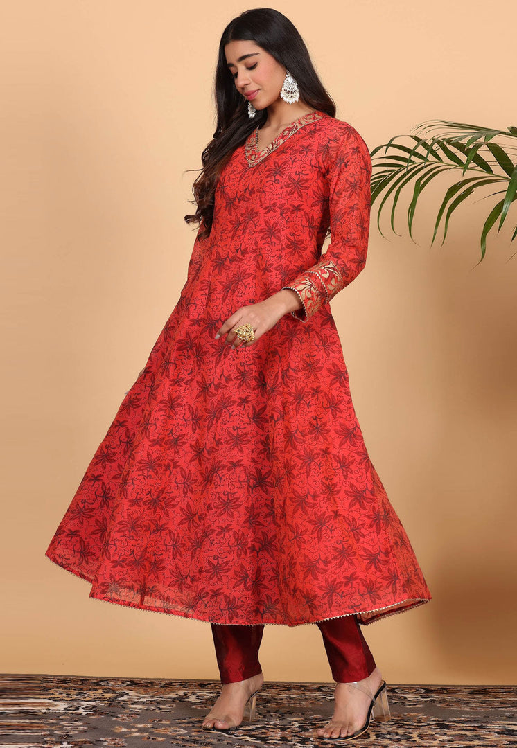 Red Chanderi Readymade Pant Style Suit