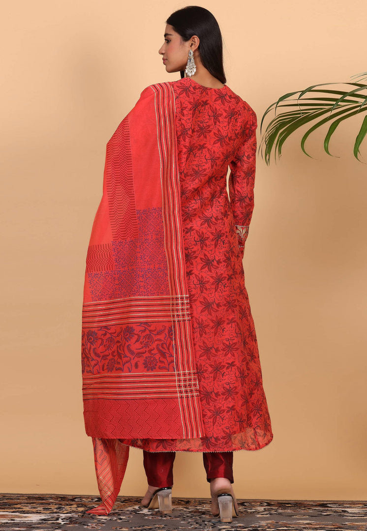 Red Chanderi Readymade Pant Style Suit