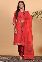 Load image into Gallery viewer, Red Chanderi Readymade Pant Style Suit
