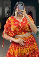 Load image into Gallery viewer, Red Chiffon Floral print Lehenga choli
