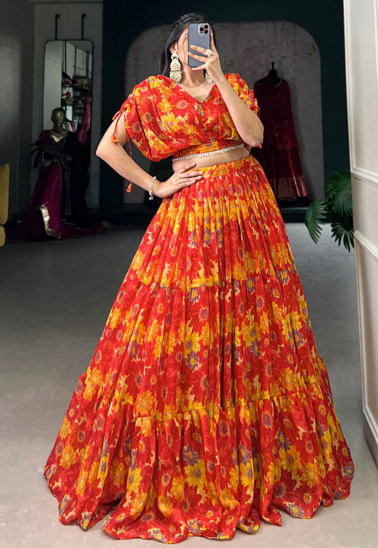 Red Chiffon Floral print Lehenga choli