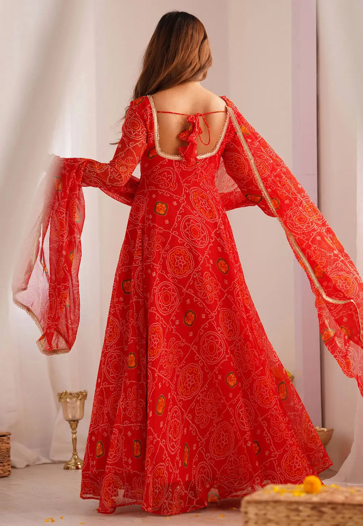 Red Chiffon Readymade Long Anarkali Suit