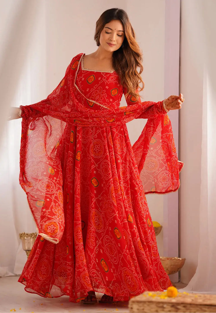 Red Chiffon Readymade Long Anarkali Suit