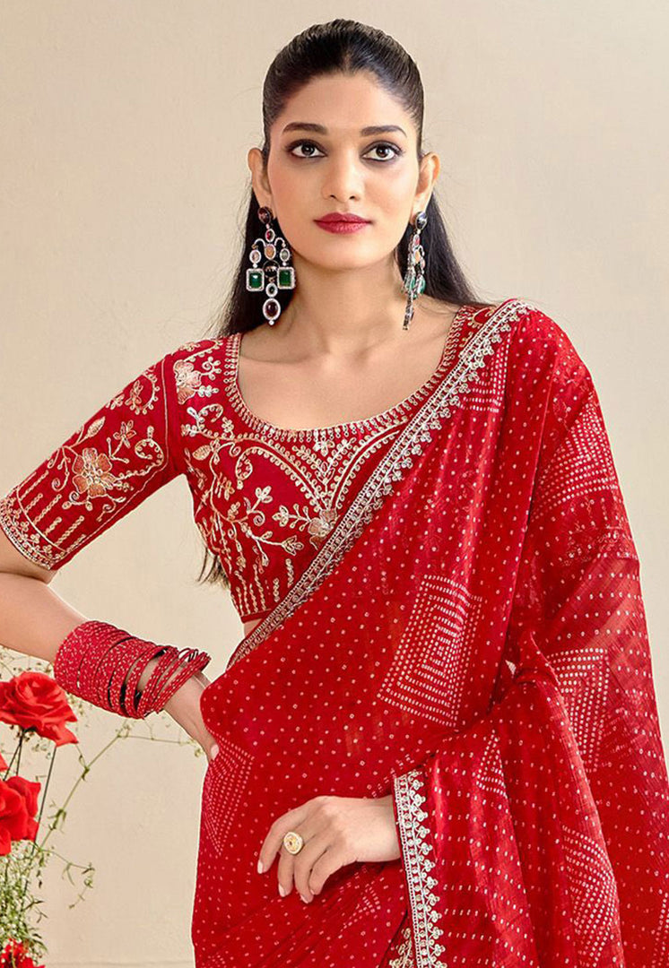 Red Chiffon Saree With Blouse