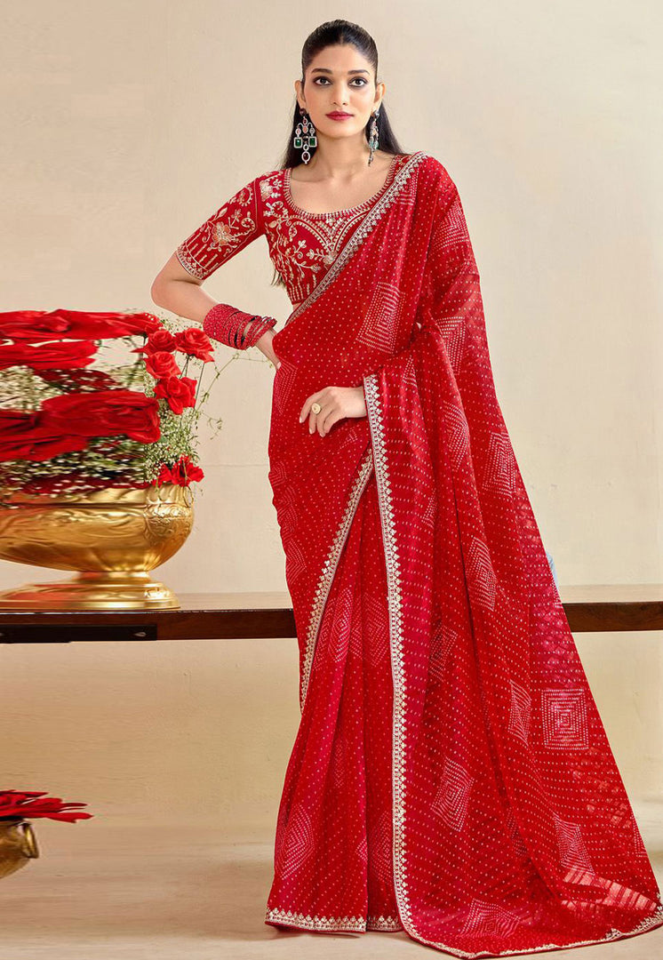Red Chiffon Saree With Blouse
