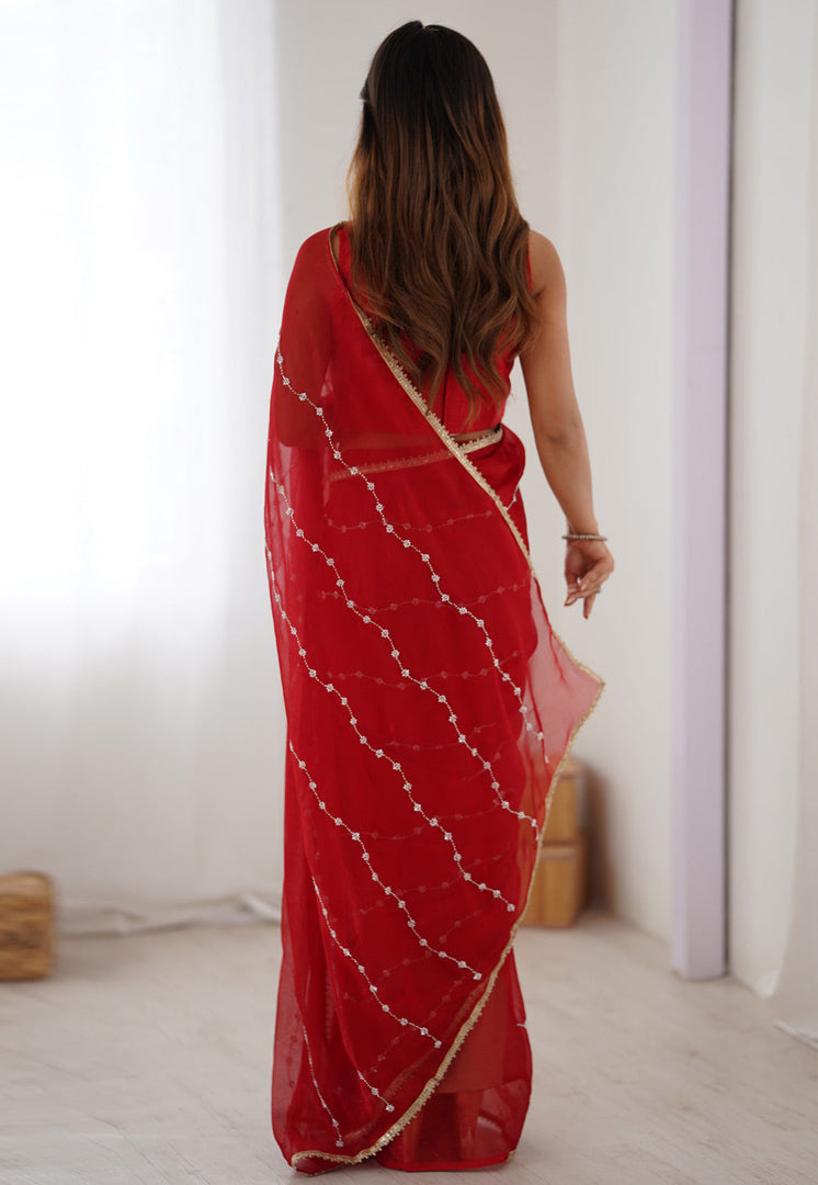 Red Chiffon Saree With Blouse