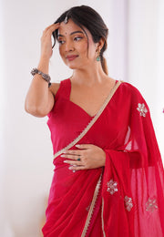 Red Chiffon Saree With Blouse