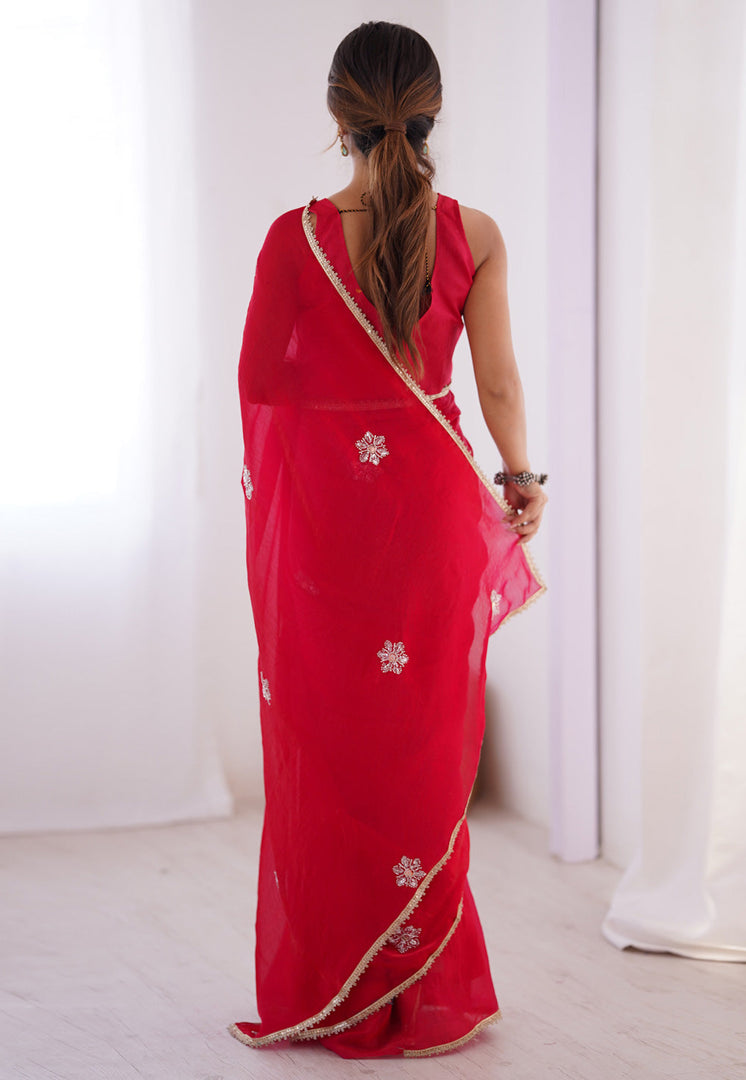 Red Chiffon Saree With Blouse