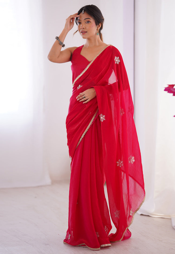 Red Chiffon Saree With Blouse