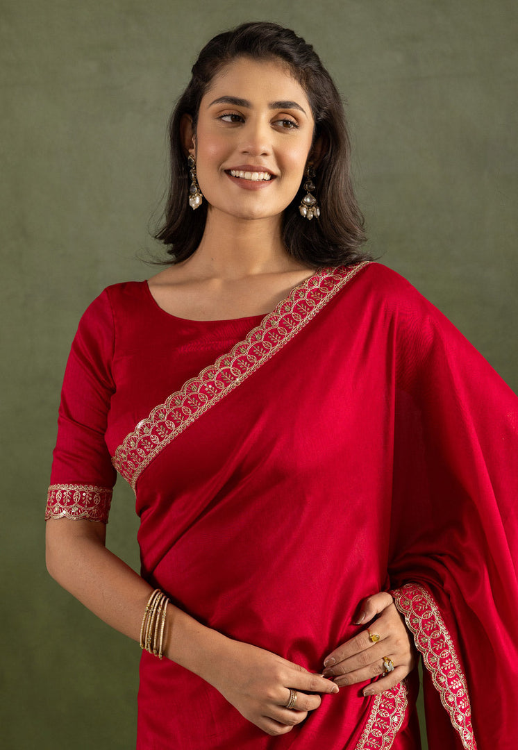 Red Chiffon Saree With Blouse