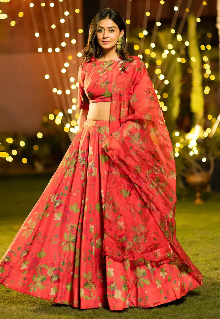 Red Chinon Floral print Lehenga choli