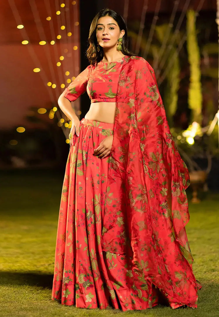 Red Chinon Floral print Lehenga choli