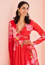 Load image into Gallery viewer, Red Chinon Kurta Set With Palazzo
