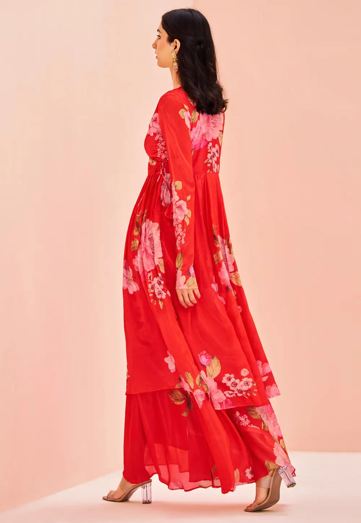 Red Chinon Kurta Set With Palazzo