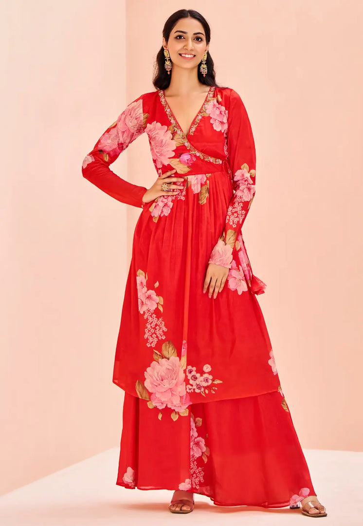 Red Chinon Kurta Set With Palazzo