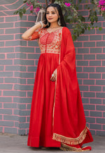 Load image into Gallery viewer, Red Chinon Readymade Anarkali Suit
