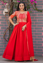 Load image into Gallery viewer, Red Chinon Readymade Anarkali Suit
