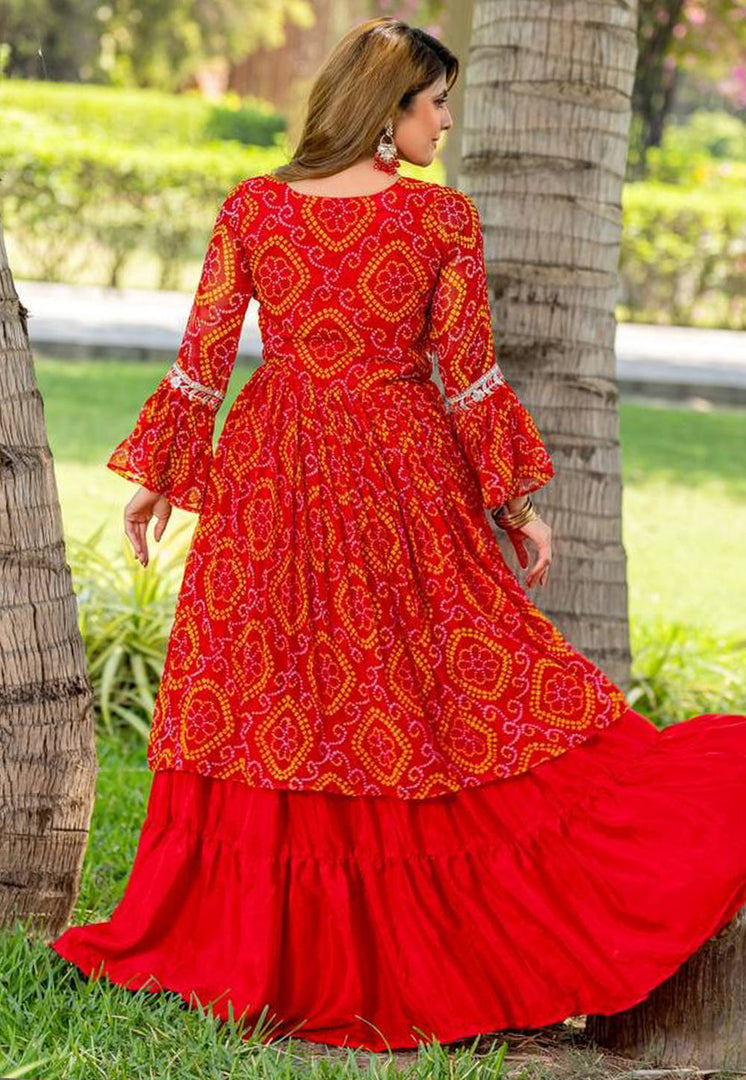 Red Chinon Readymade Indo Western Lehenga Choli