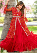 Load image into Gallery viewer, Red Chinon Readymade Indo Western Lehenga Choli
