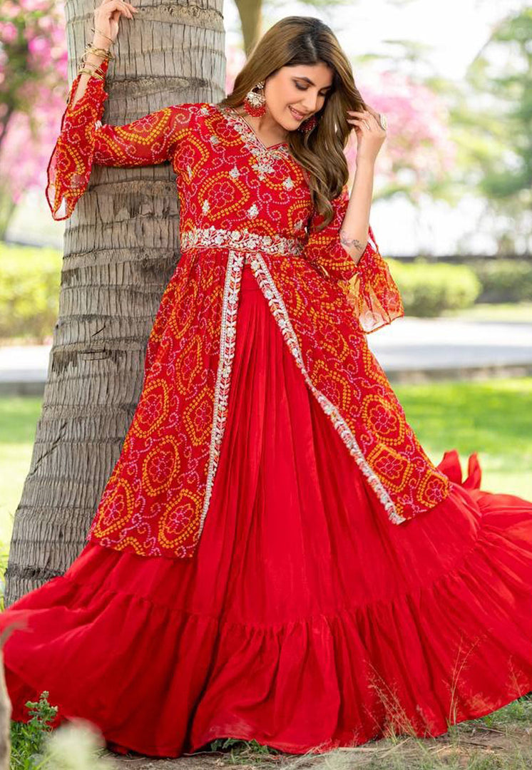 Red Chinon Readymade Indo Western Lehenga Choli