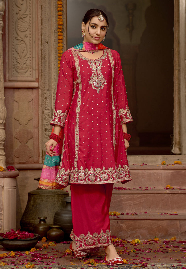 Red Chinon Readymade Palazzo Suit