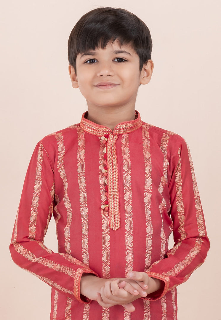 Red Cotton Jacquard Kids Kurta Pajama