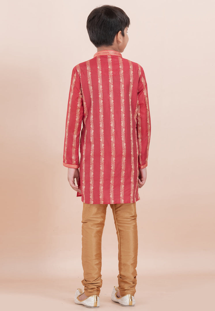Red Cotton Jacquard Kids Kurta Pajama