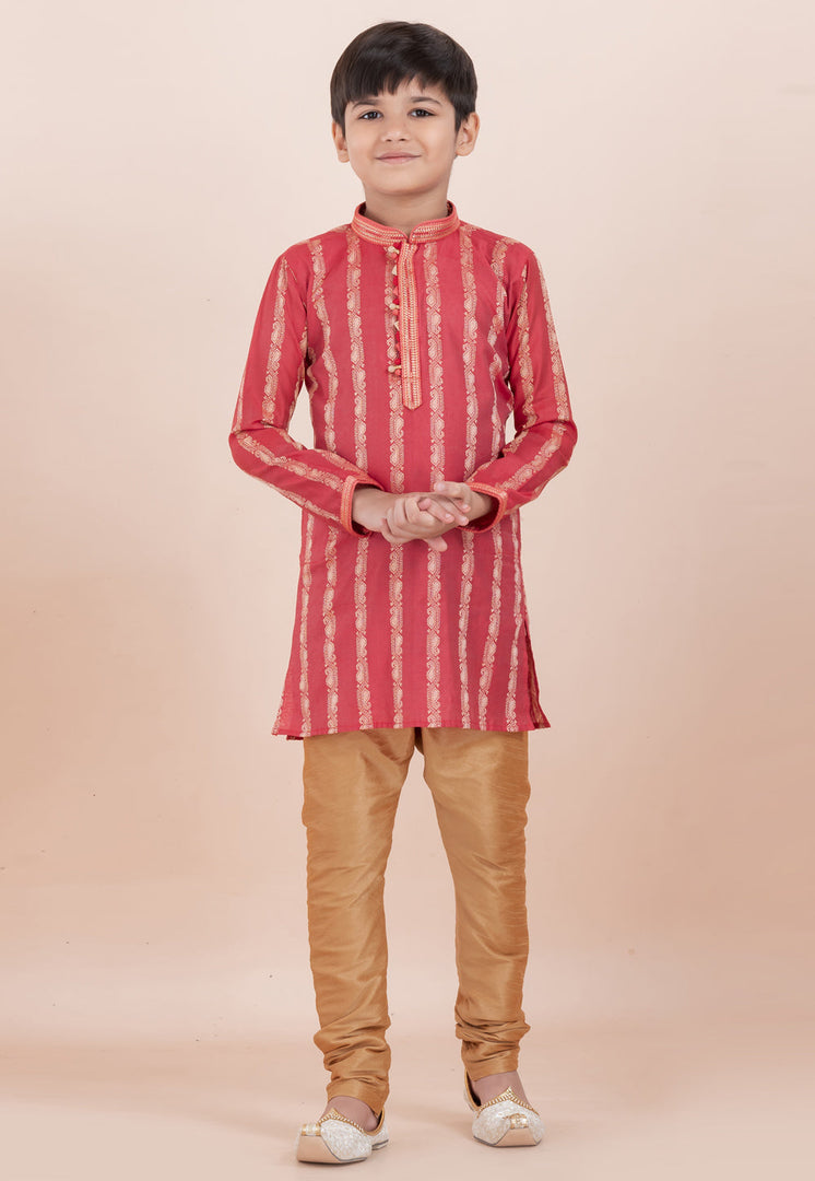 Red Cotton Jacquard Kids Kurta Pajama