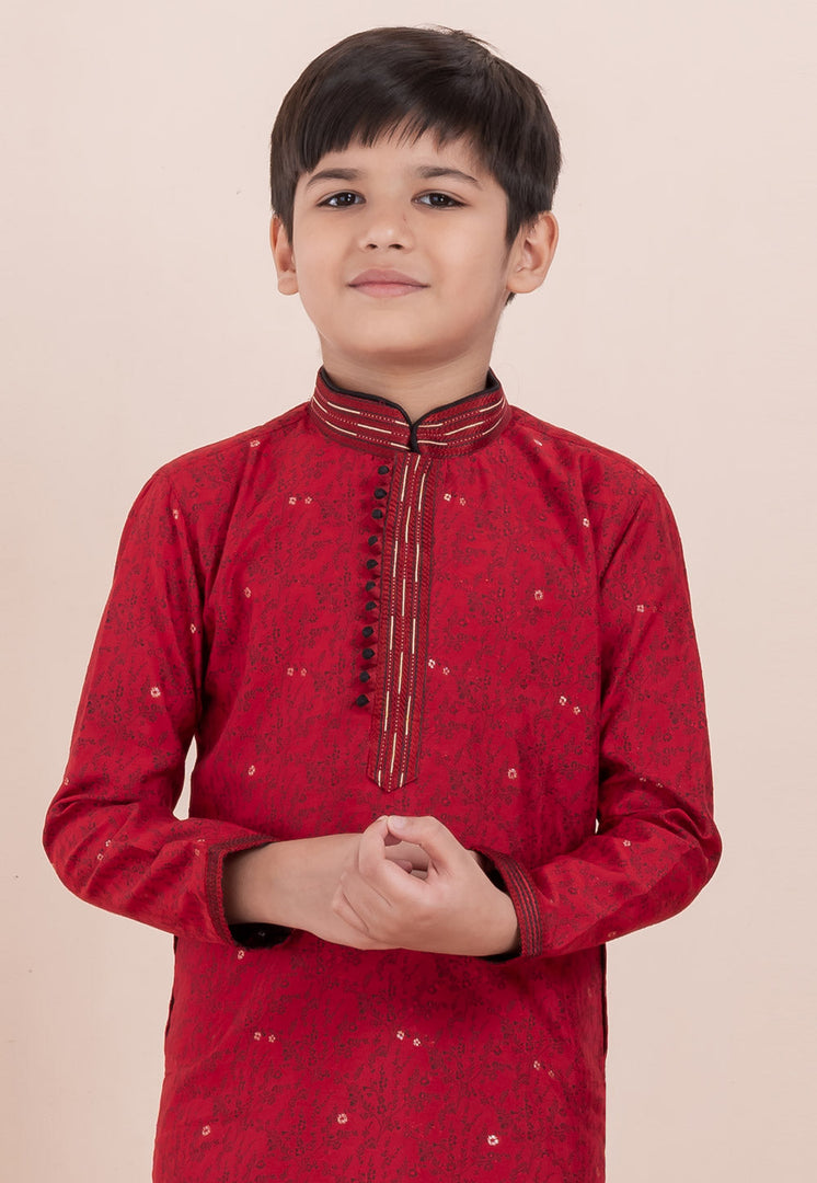 Red Cotton Jacquard Kids Kurta Pajama