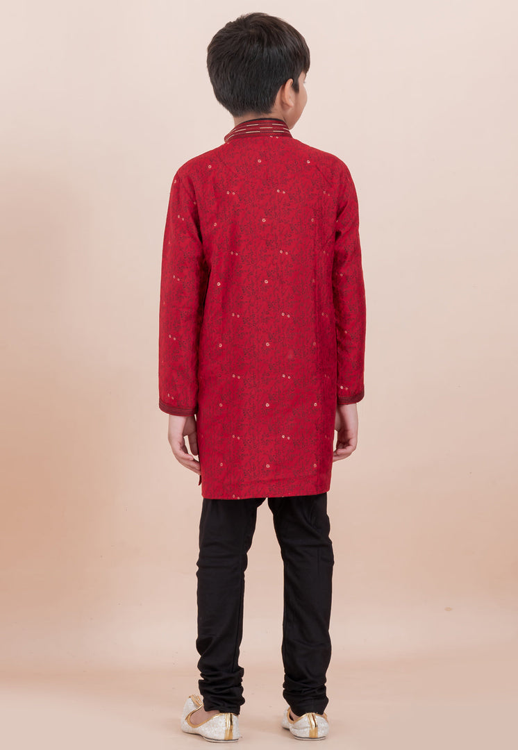 Red Cotton Jacquard Kids Kurta Pajama