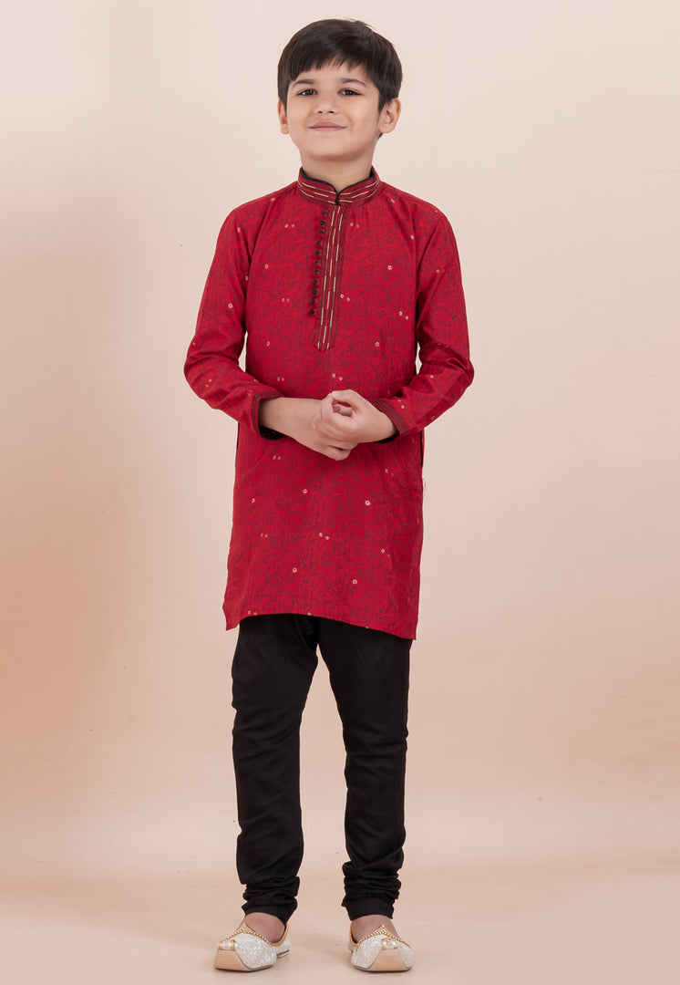 Red Cotton Jacquard Kids Kurta Pajama