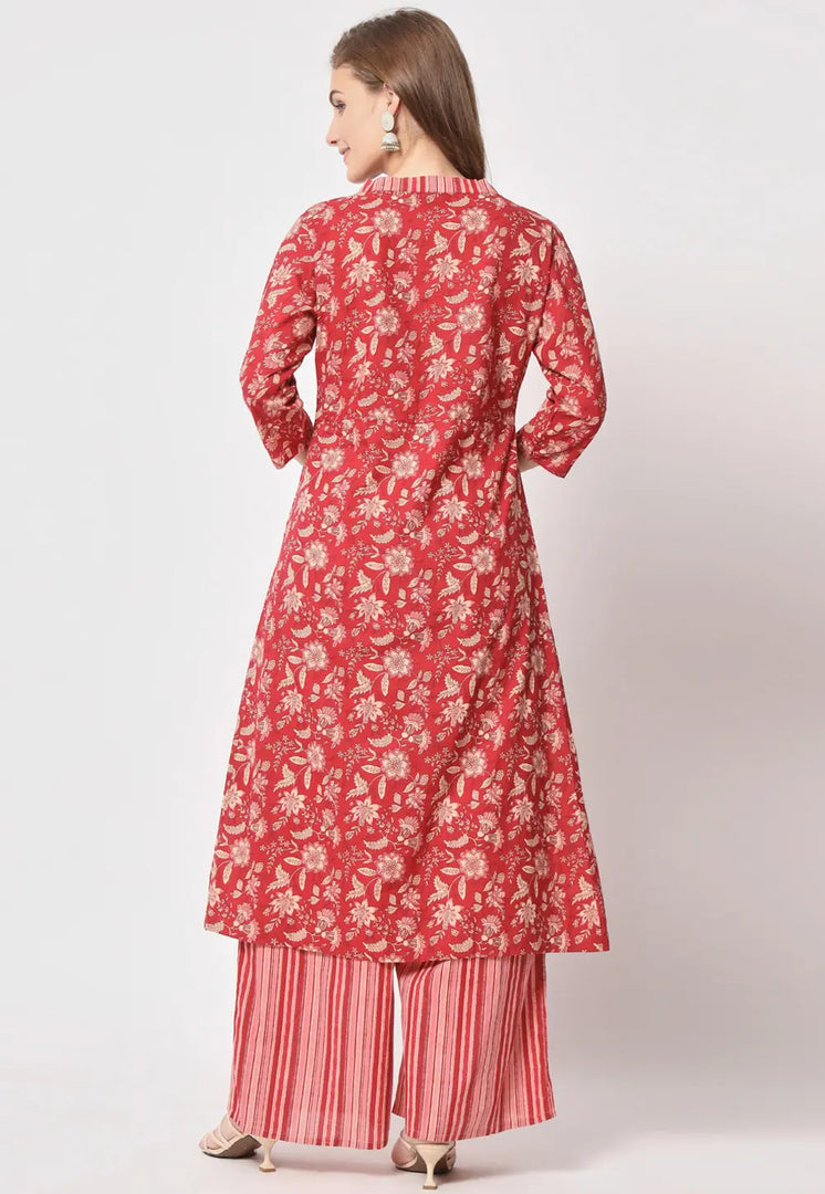 Red Cotton Kurta Set With Palazzo