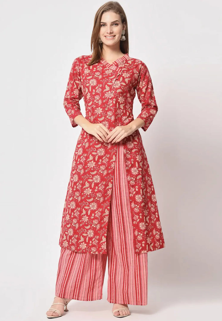 Red Cotton Kurta Set With Palazzo