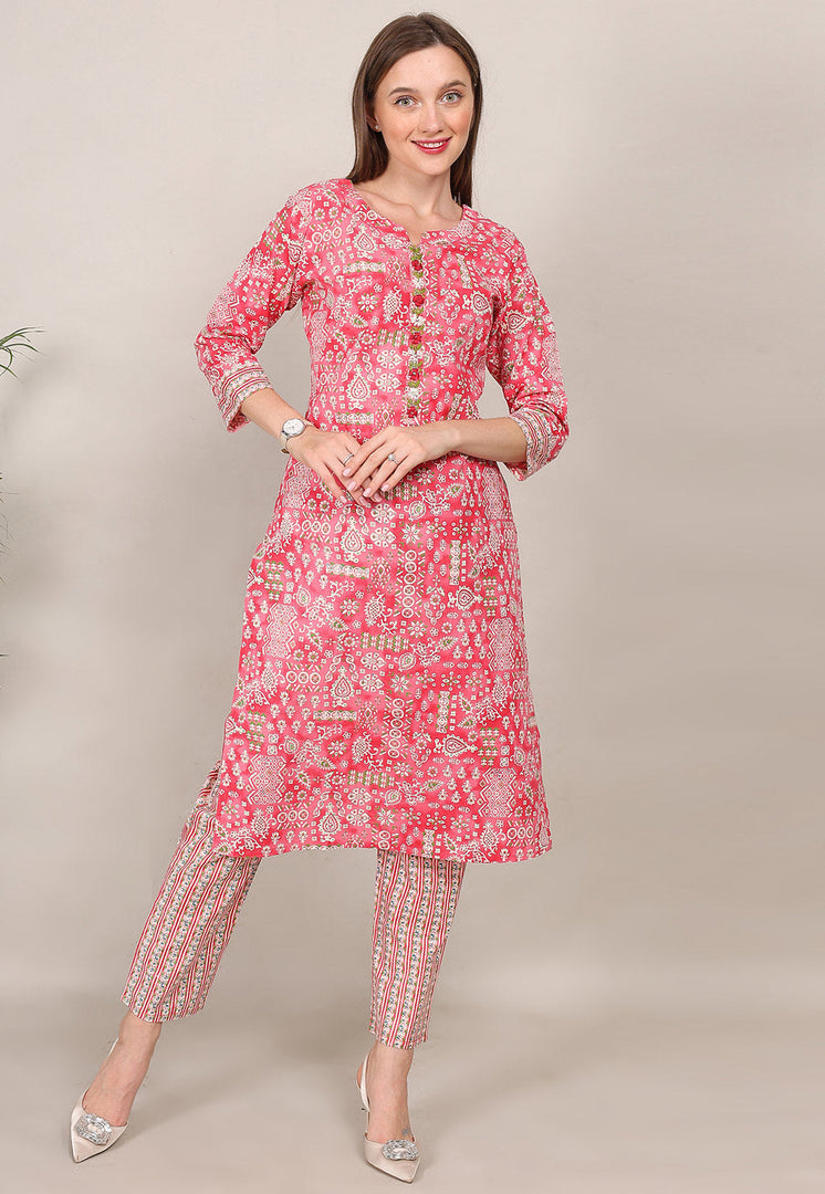 Red Cotton Kurta Set With Pant