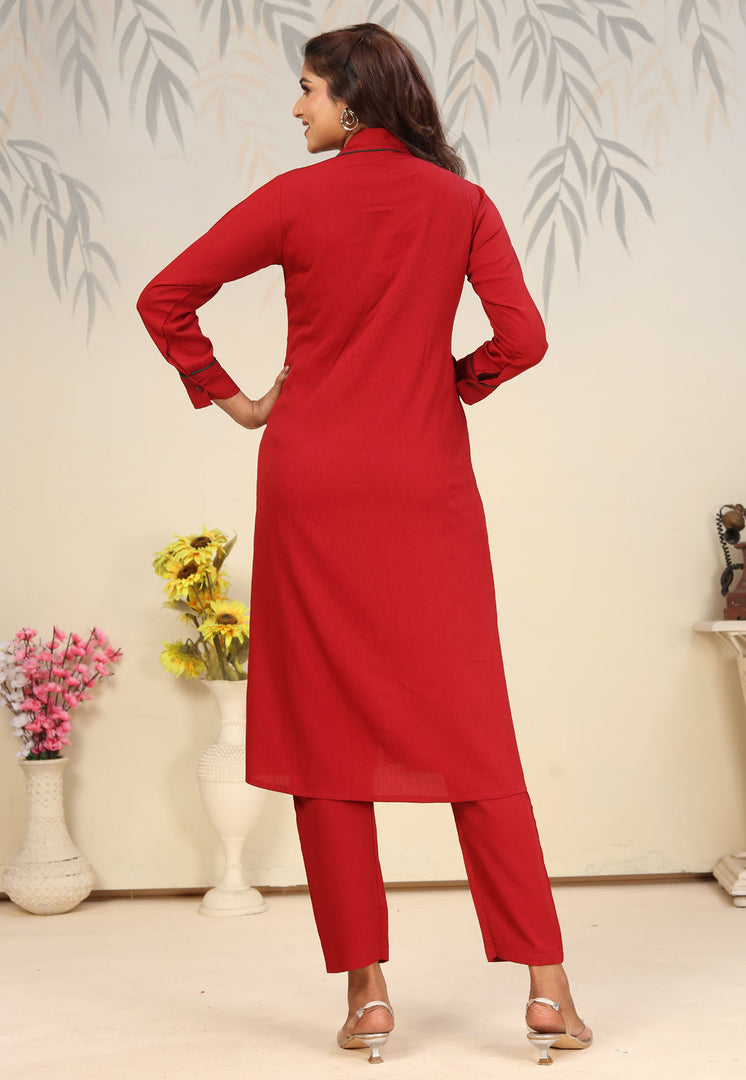 Red Cotton Kurta Set With Pant